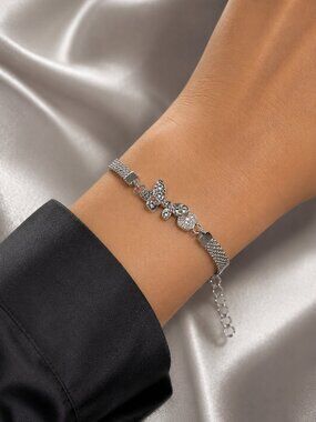 Silver Tone Butterfly Heart Mesh Bracelet Rhinestone Adjustable Elegant Jewelry